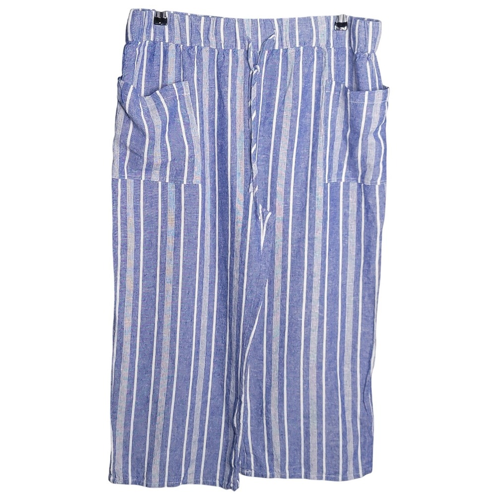 Coastal Comfort Blue Striped Linen Blend Wide Leg‎ Crop Pants Womens Large L